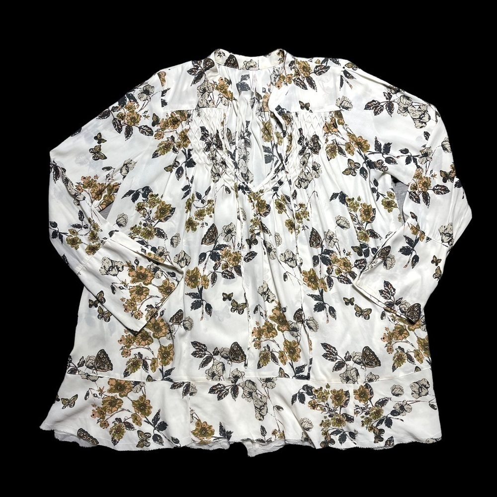Free People So Fine Ivory  Floral Butterfly Long Sleeve Tunic XS